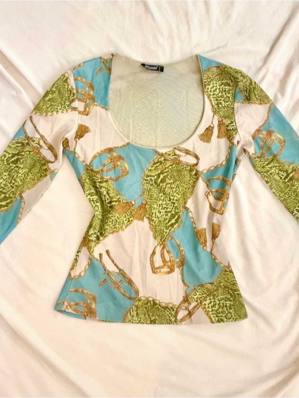 Light Blue and Green Patterned Scoop Neck Women's Top